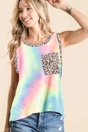 BiBi Sleeveless Tie Dye Top With Leopard Band | Tops Daverri Fashions