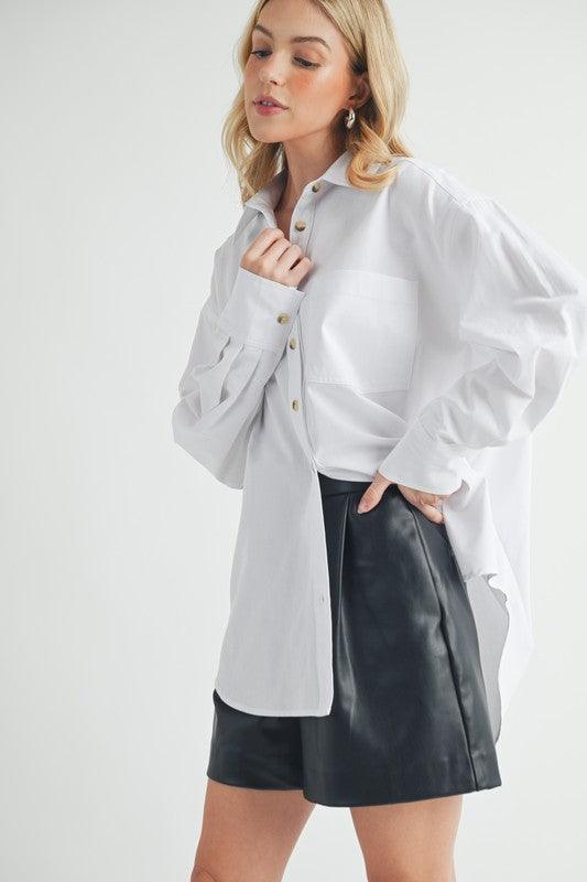 Aemi + Co High-Low Collared Neck Drop Shoulder Shirt | Shirts Daverri Fashions