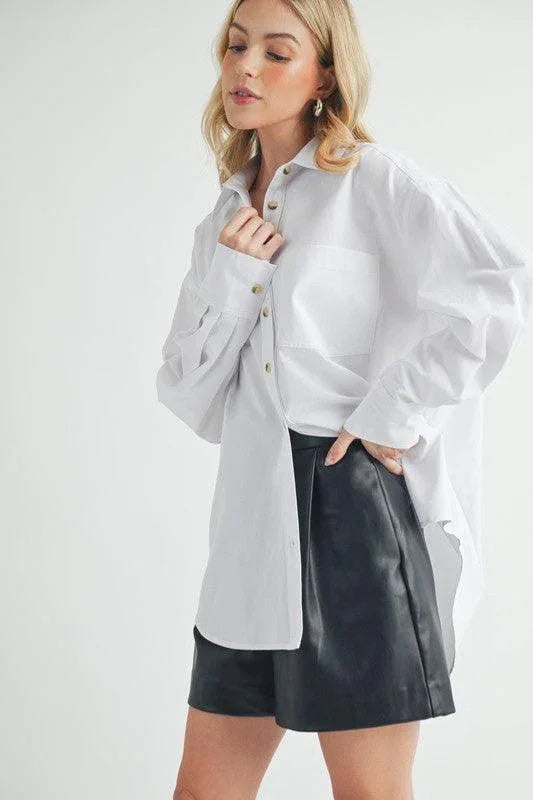 Aemi + Co High-Low Collared Neck Drop Shoulder Shirt - DAVERRI FASHIONS