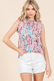 Lime 'N' Chili Full Size Graphic Print Ruffle Trim Mock Neck Sleeveless Top Plus Size | Tops Daverri Fashions