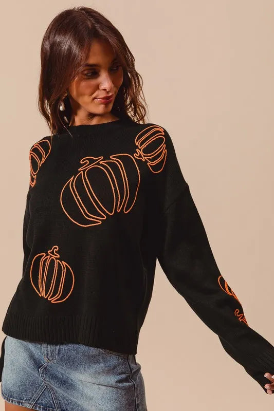 Pumpkin Embroidered Halloween Thanksgiving Sweater Sweaters