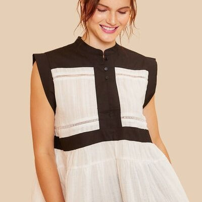 Annie Wear Contrast Trim Peplum Button Detail Blouse Black combo