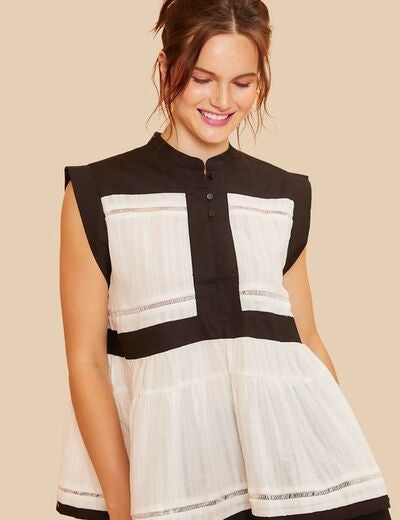 Annie Wear Contrast Trim Peplum Button Detail Blouse Black combo