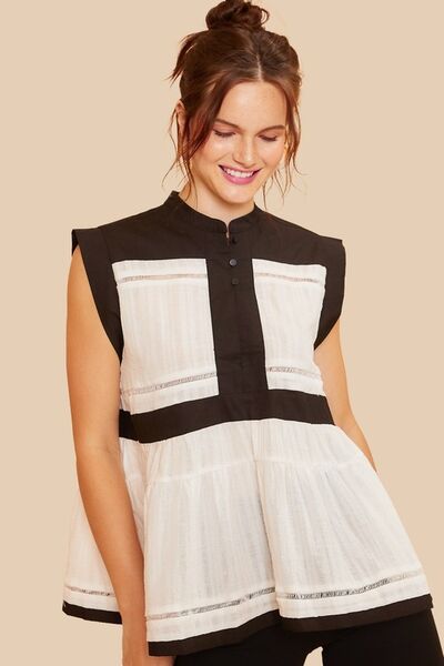 Annie Wear Contrast Trim Peplum Button Detail Blouse Black combo