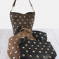 Fame studded leather bucket bag with brown leather, gold studs, single strap