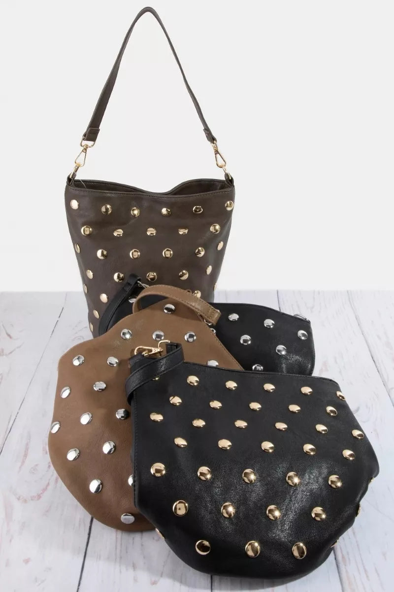 Fame studded leather bucket bag with brown leather, gold studs, single strap