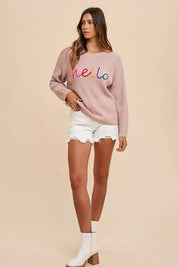 Annie Wear HELLO Embroidered Raglan Sleeve Sweater | Sweaters Daverri Fashions