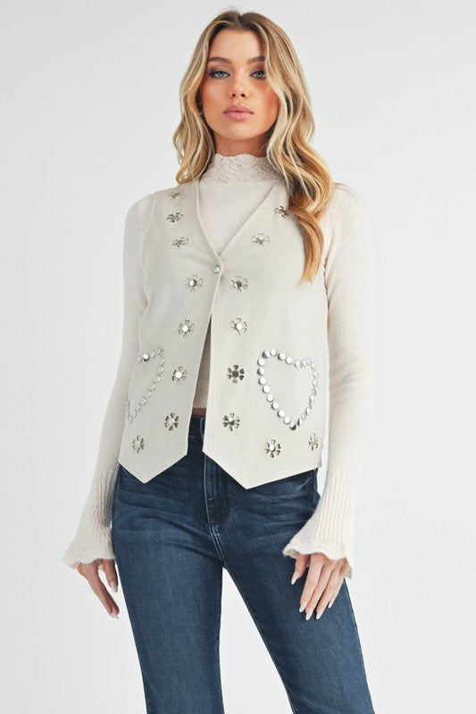 Aemi + Co Heart Rivet Detail Suede Vest Coat White Vests