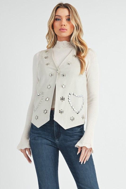 Aemi + Co Heart Rivet Detail Suede Vest Coat White S Vests