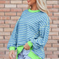 Blue neon green striped oversized high-low long sleeve sweatshirt