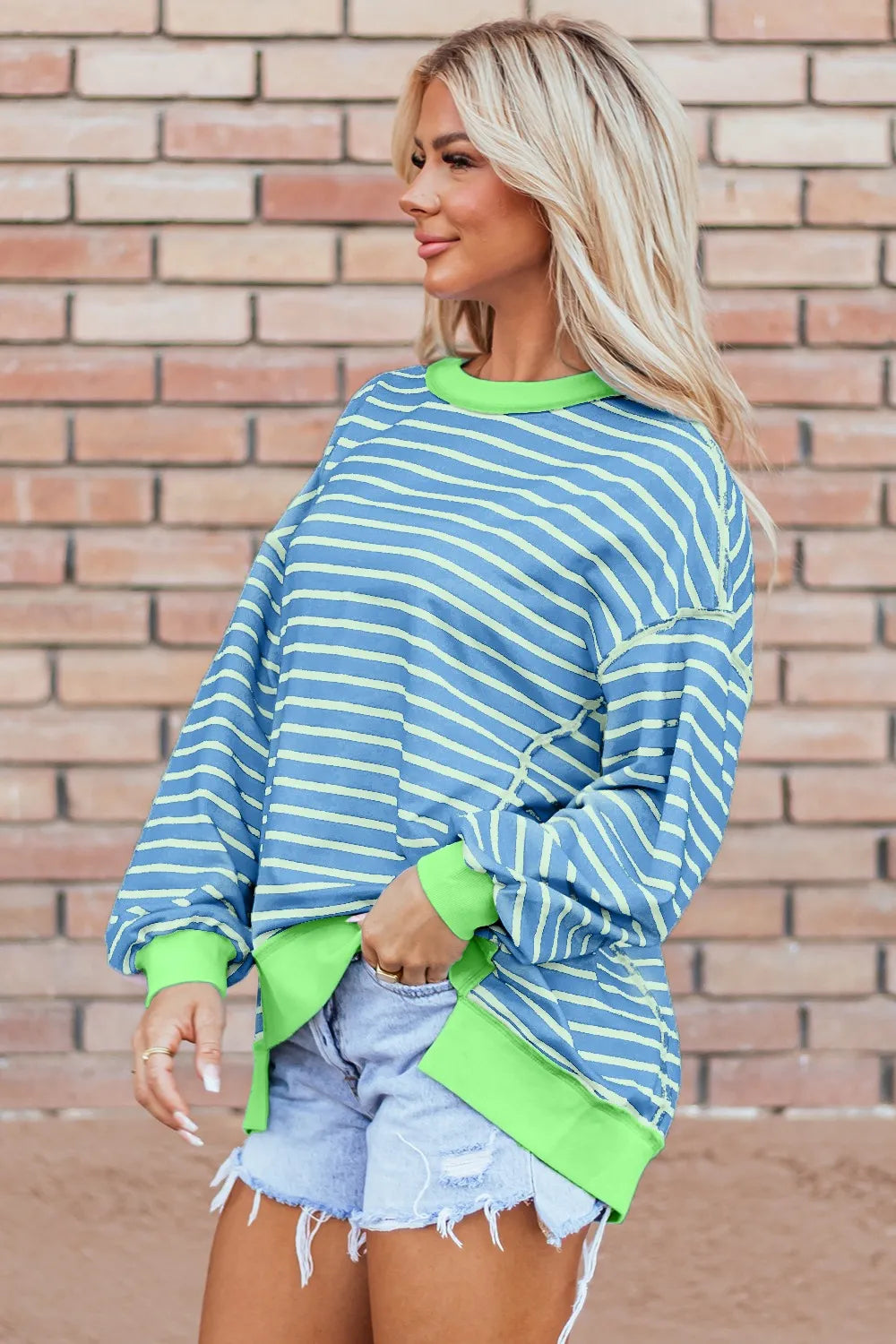 Blue neon green striped oversized high-low long sleeve sweatshirt