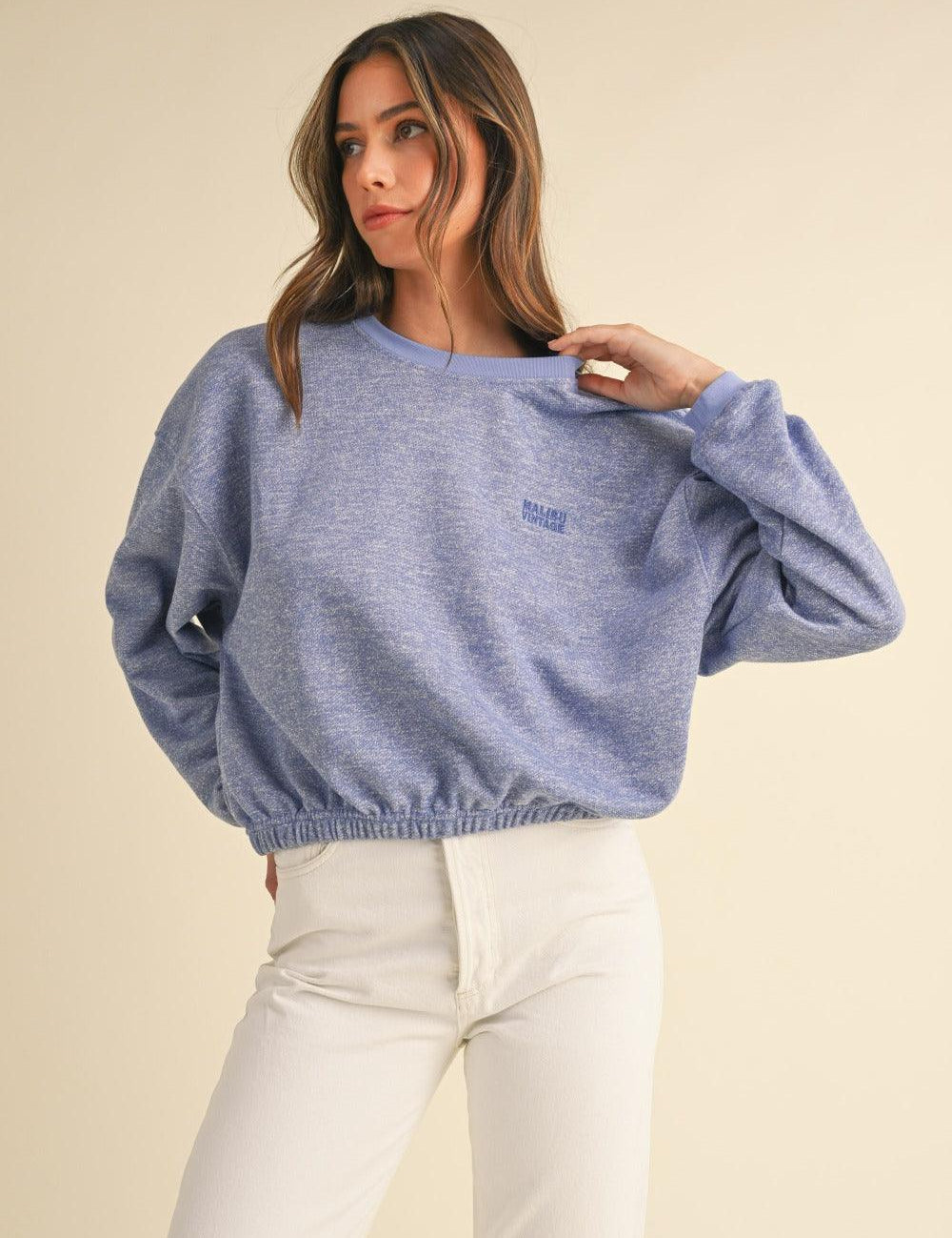 Blue Purple Mable Round Neck Letter Embroidery Crop Sweatshirt | Daverri Fashions