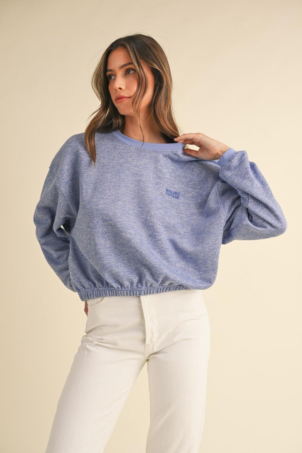 Mable Round Neck Letter Embroidery Crop Sweatshirt - DAVERRI FASHIONS