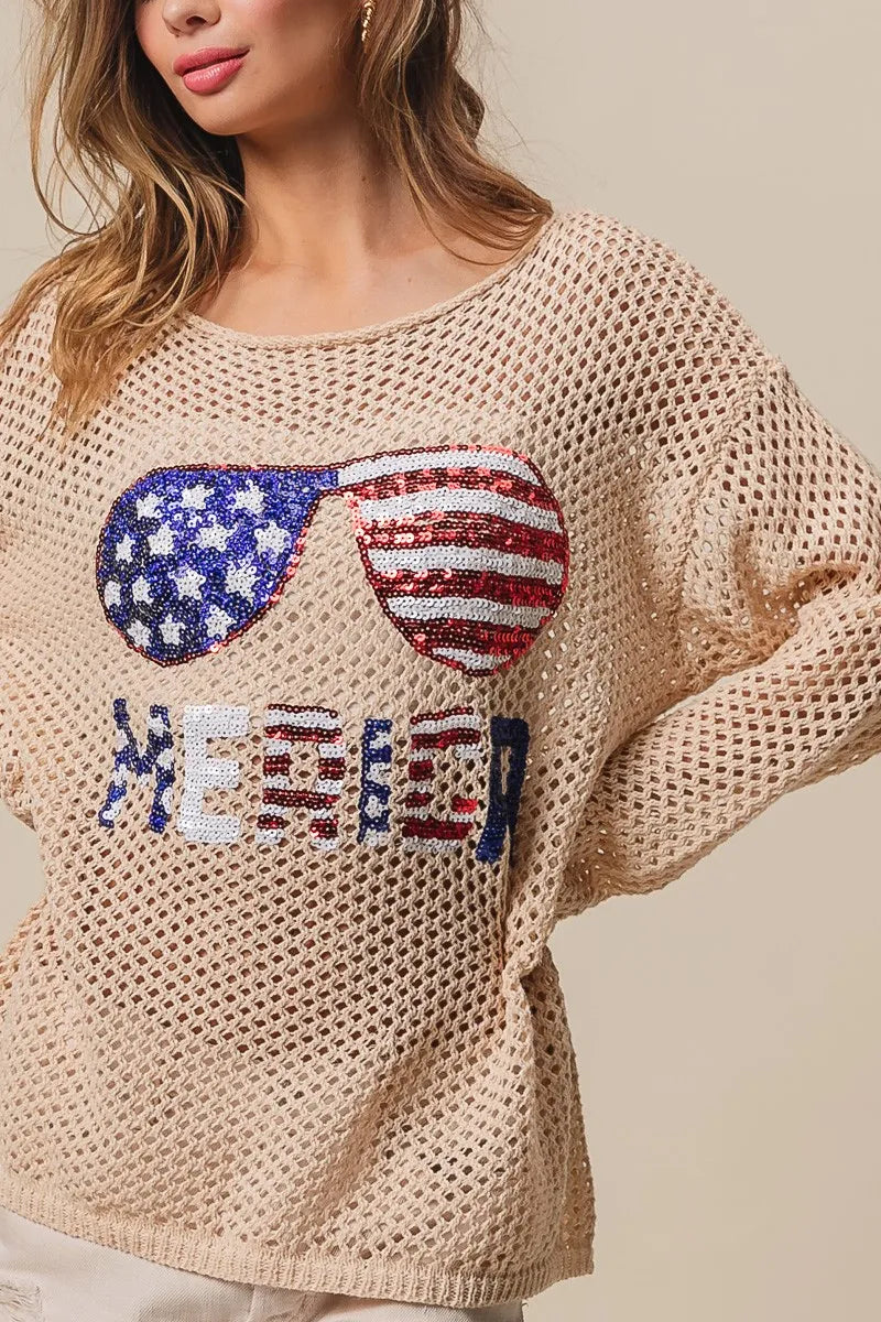 BiBi Sequin American Flag Sunglasses Knit Top Tops