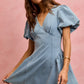 SO ME bubble sleeves light blue denim fit and flare mini dress