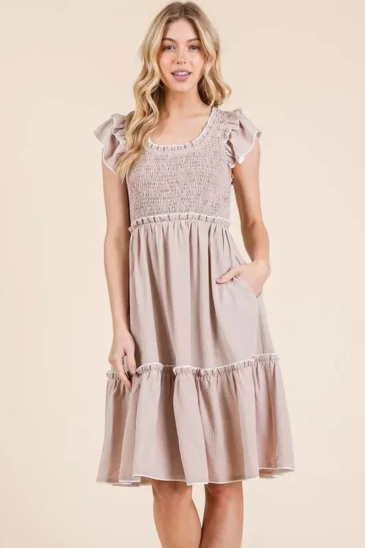 Lime 'N' Chili Ruffle Trim Smocked Dress with Contrast - DAVERRI FASHIONS