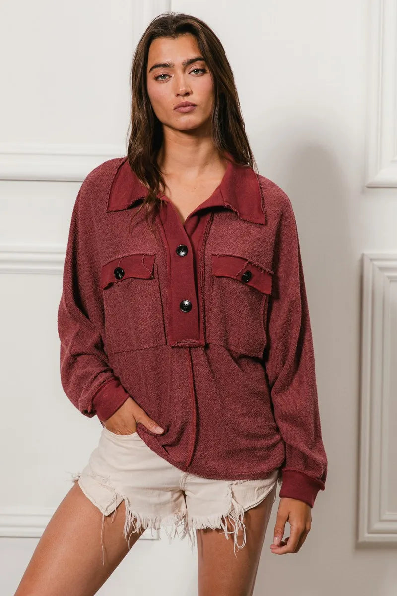 BiBi Cp French Terry Cut Edge Detail Collared Top | Tops Daverri Fashions