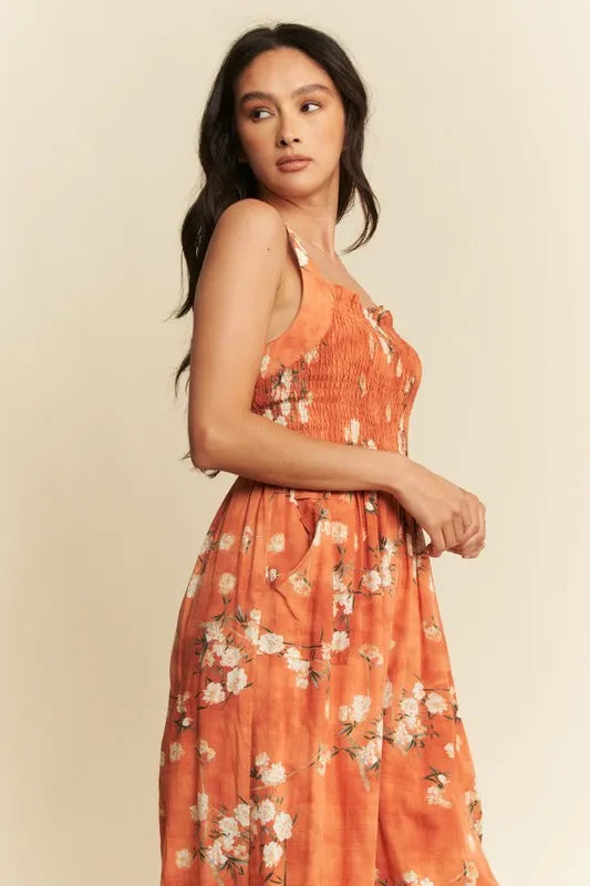 Davi & Dani Floral Ruffle Square Neck Smocking Bodice Jumpsuit Jumpsuits