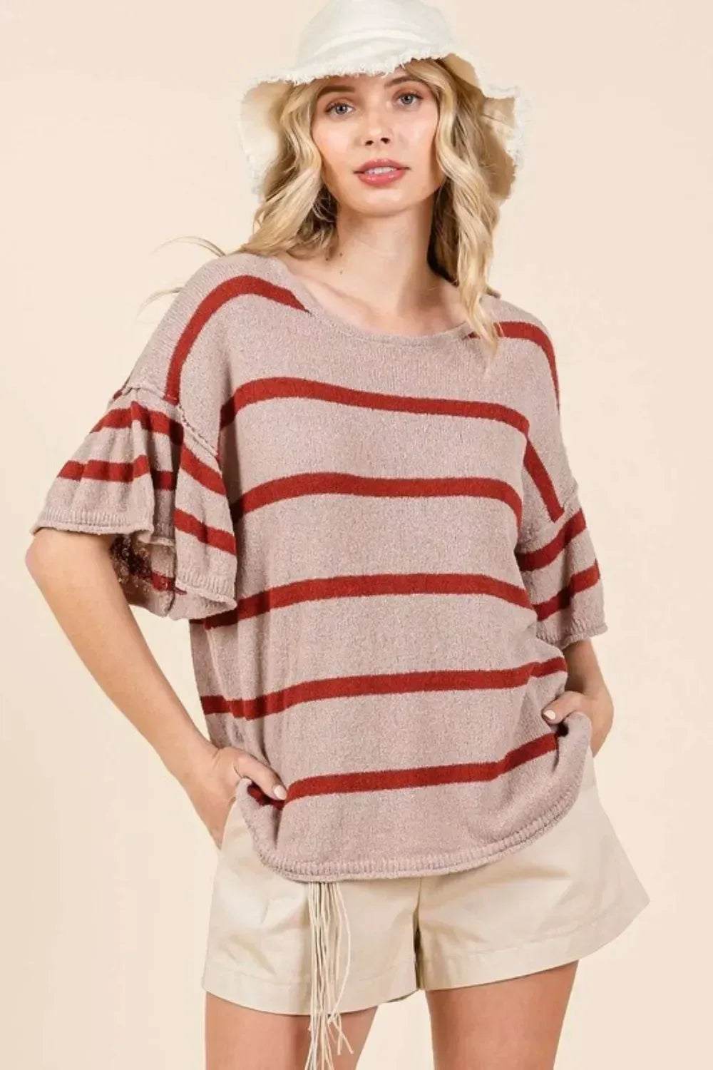 Mittoshop Striped Flounce Sleeve Knit Top - DAVERRI FASHIONS