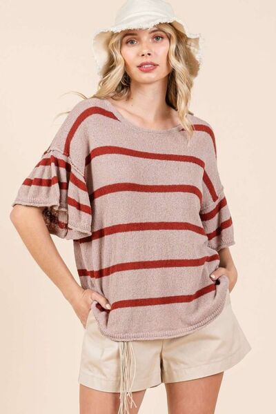 Mittoshop Striped Flounce Sleeve Knit Top Tops