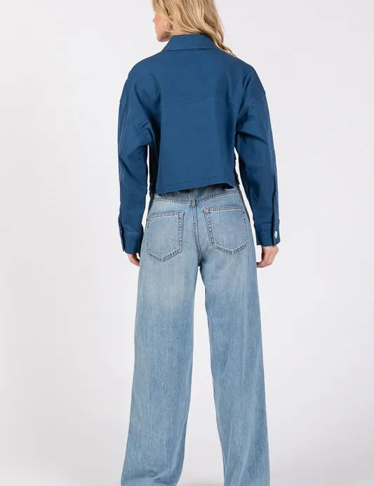 bytos Button Down Cropped Denim Jacket with Patch Pockets | Daverri Fashions