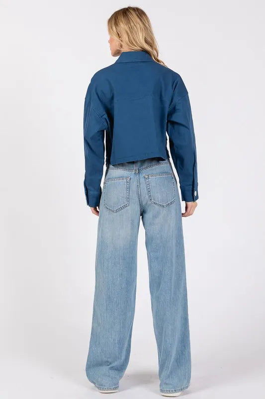 bytos Button Down Cropped Denim Jacket with Patch Pockets | Daverri Fashions