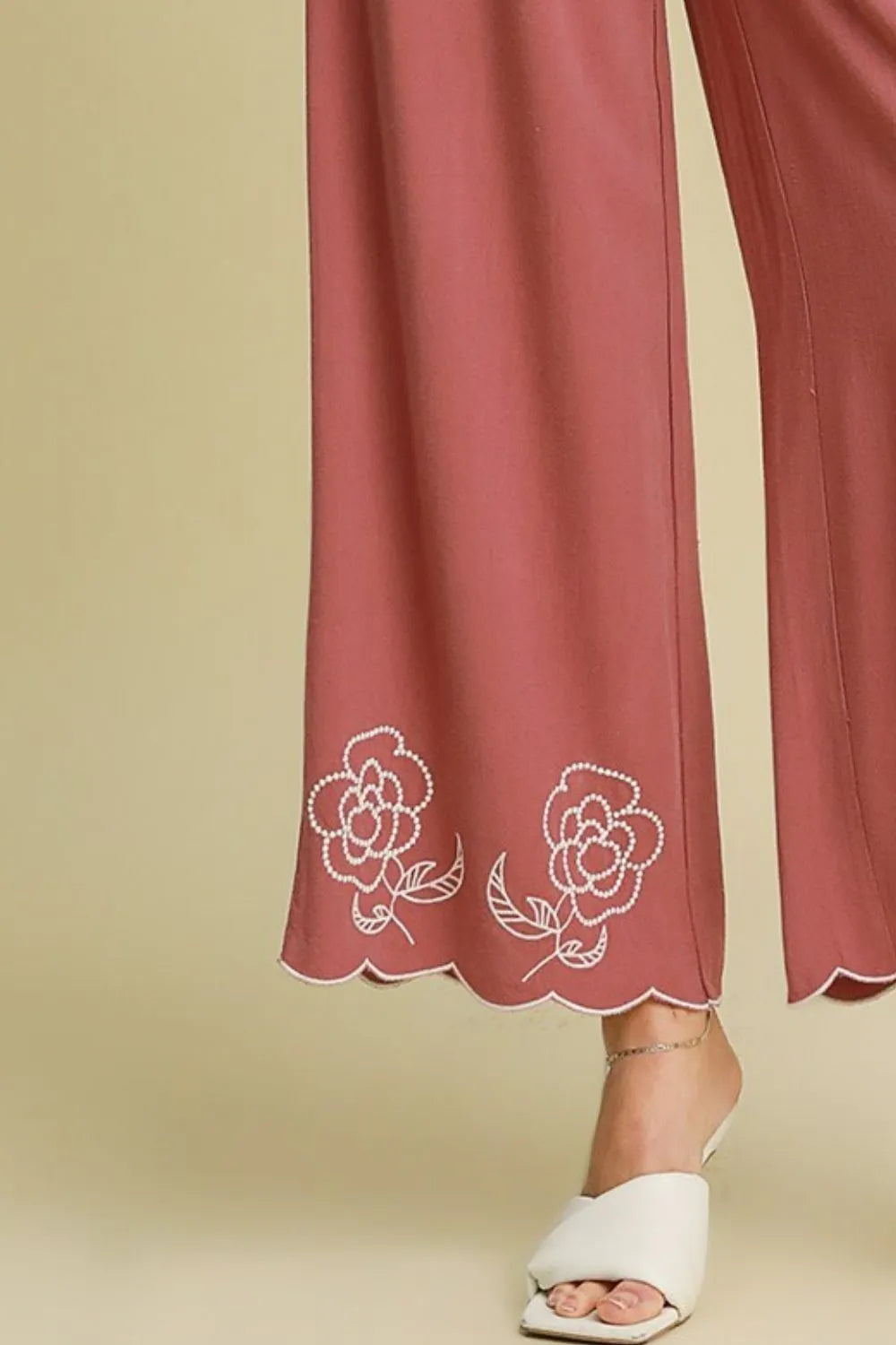 Umgee Dusty Pink Linen Blend Wide Leg Pants with Scalloped Hemline | Pants Daverri Fashions