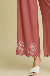 Umgee Dusty Pink Linen Blend Wide Leg Pants with Scalloped Hemline | Pants Daverri Fashions