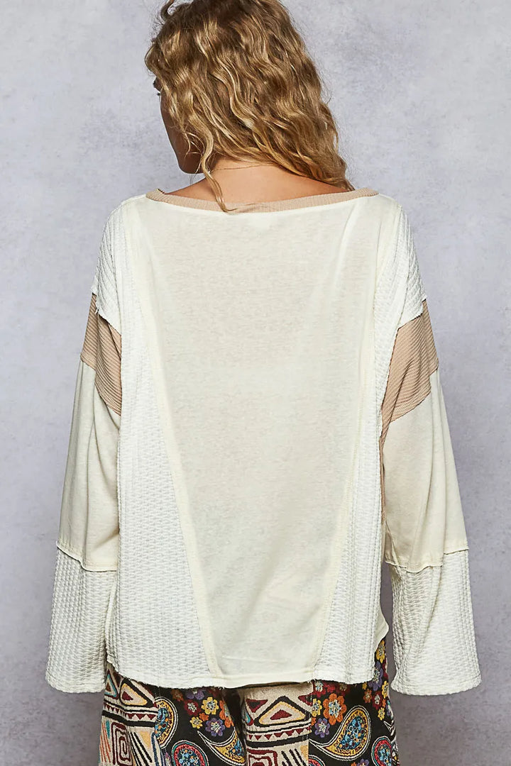 POL Contrast Round Neck Long Sleeve T-Shirt T-Shirts