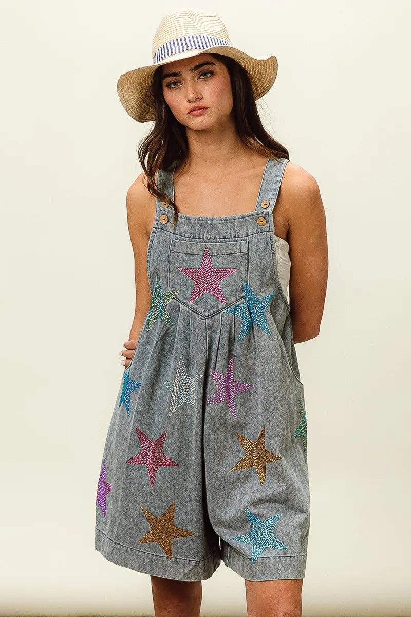 BiBi Star Rhinestone Washed Wide Leg Shortalls Shortalls