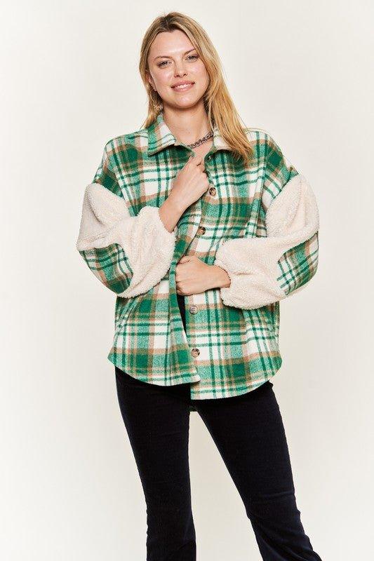 Jade by Jane Plaid Teddy Sleeve Shacket Green Shackets