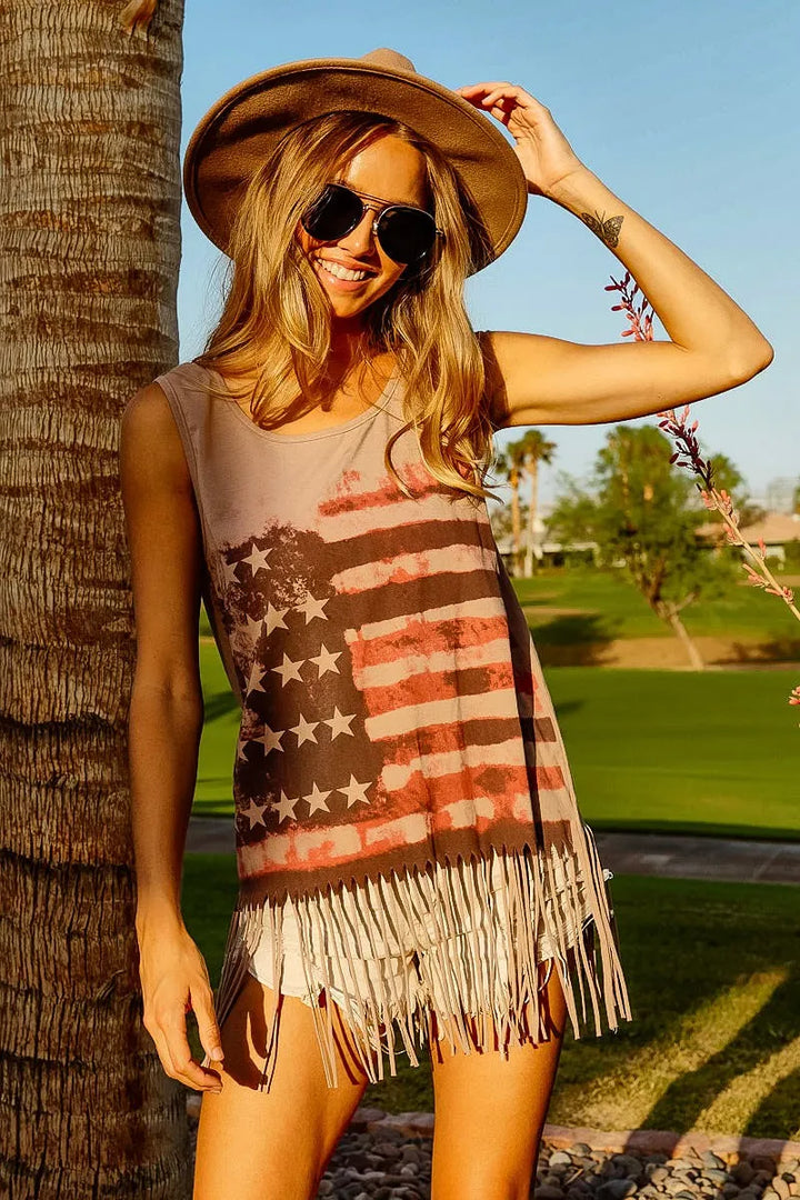 BiBi American Flag Print Knit Sleeveless Top Tank Tops