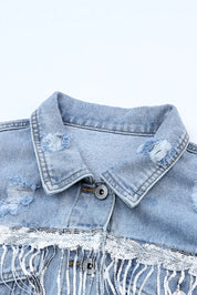 Sequin Fringe Trim Distressed Button Up Denim Jacket | Denim Jackets Daverri Fashions