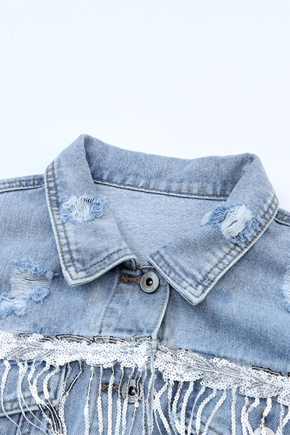 Sequin Fringe Trim Distressed Button Up Denim Jacket | Denim Jackets Daverri Fashions