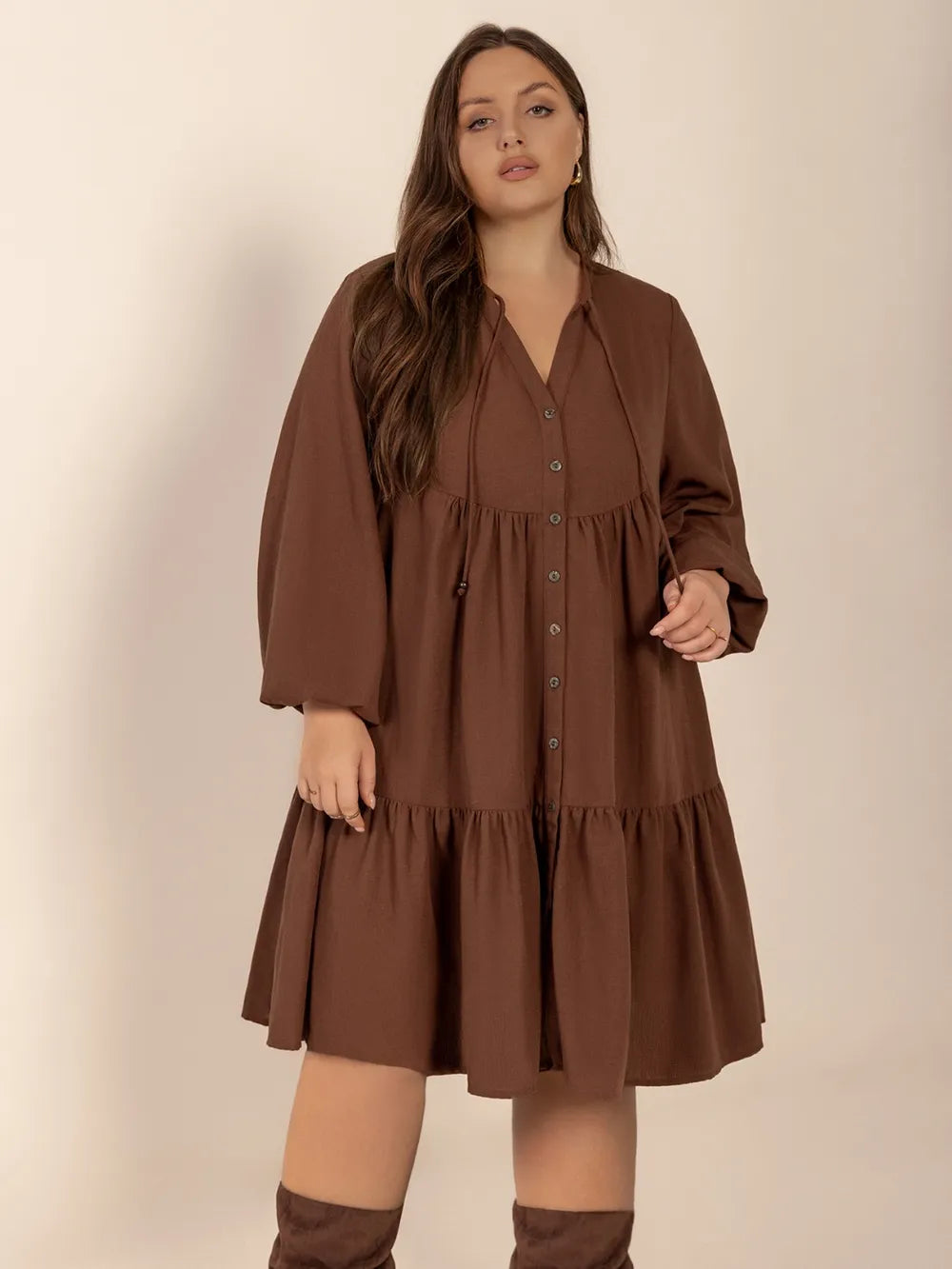 Plus Size Tie Neck Balloon Sleeve Tiered Dress | Daverri Fashions