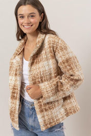 HYFVE Plaid Collared Neck Boucle Jacket with Pockets Taupe