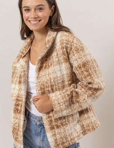 HYFVE Plaid Collared Neck Boucle Jacket with Pockets Taupe