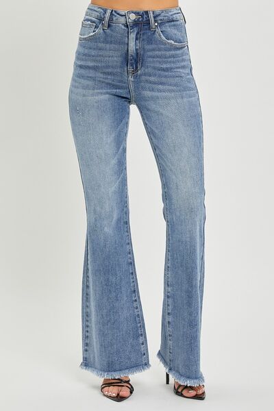 RISEN Full Size High Waist Raw Hem Flare Jeans