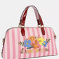Nicole Lee Dreams Blossom dome handbag with pink white stripes floral embroidery glossy burgundy handles