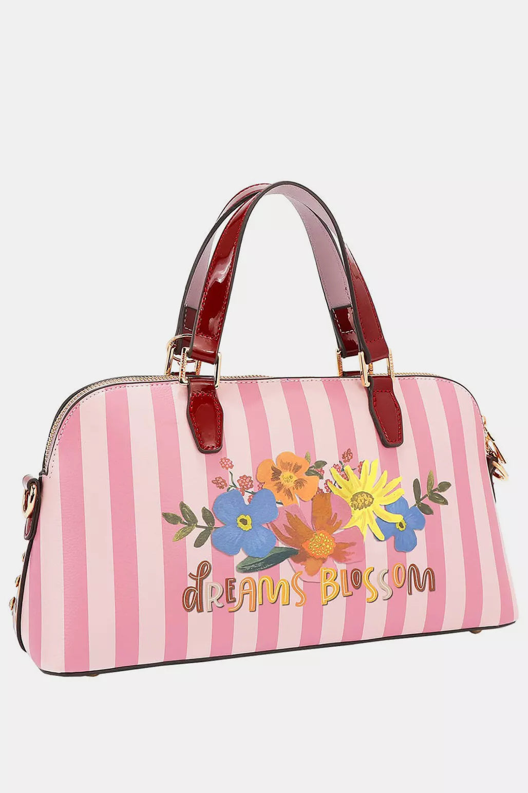 Nicole Lee Dreams Blossom dome handbag with pink white stripes floral embroidery glossy burgundy handles