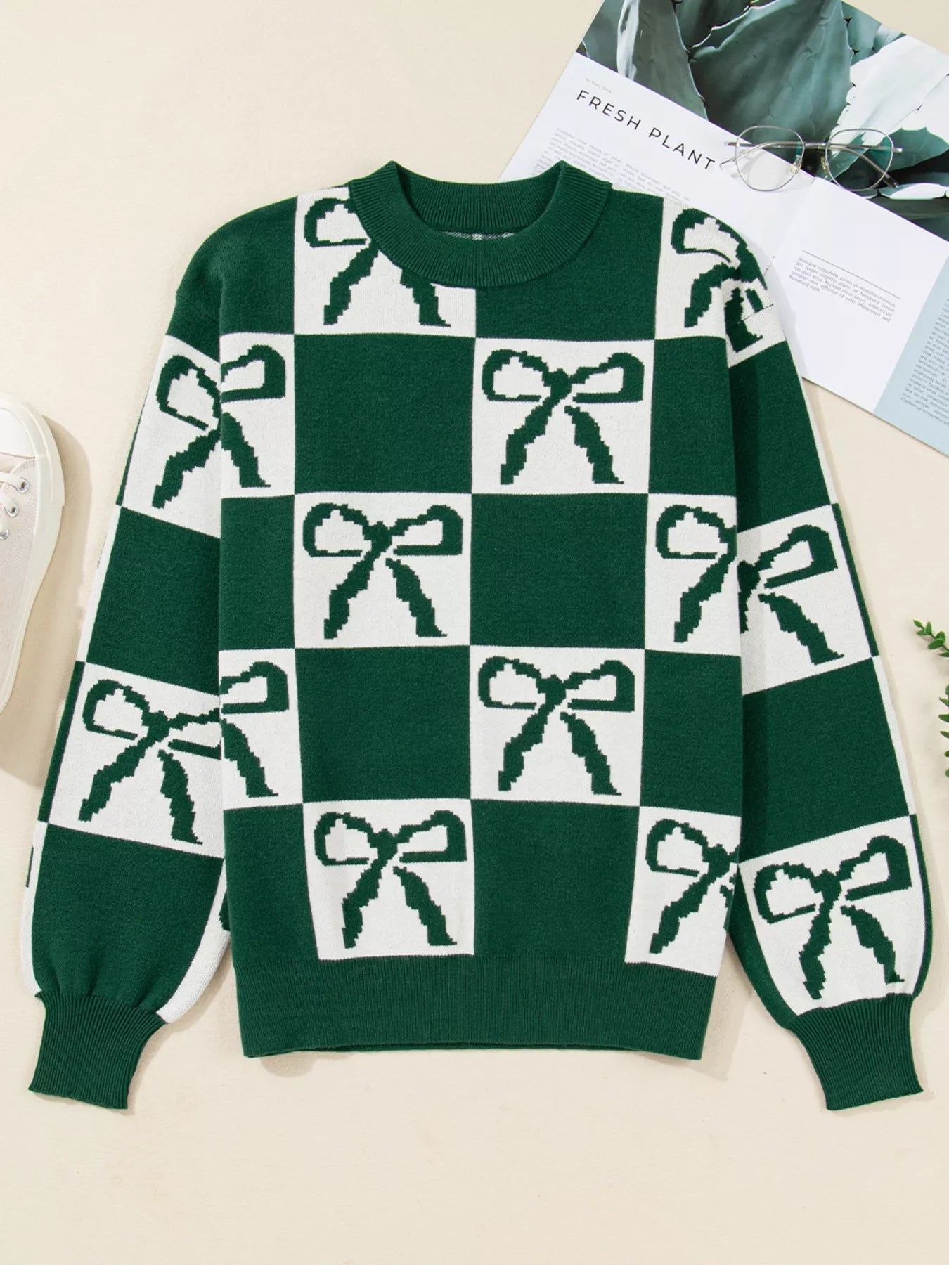 Checkered Bow Round Neck Casual Sweater | Sweaters Daverri Fashions