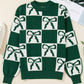 Checkered Bow Round Neck Casual Sweater - DAVERRI FASHIONS