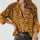 Leopard Button Detail Notched Long Sleeve Blouse - DAVERRI FASHIONS
