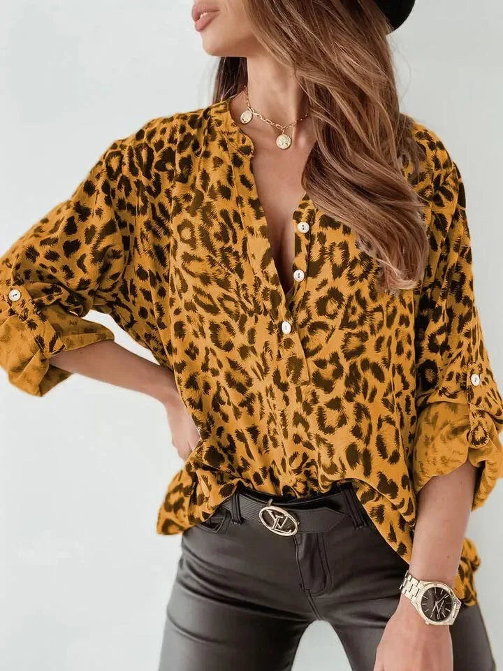 Leopard Button Detail Notched Long Sleeve Blouse - DAVERRI FASHIONS