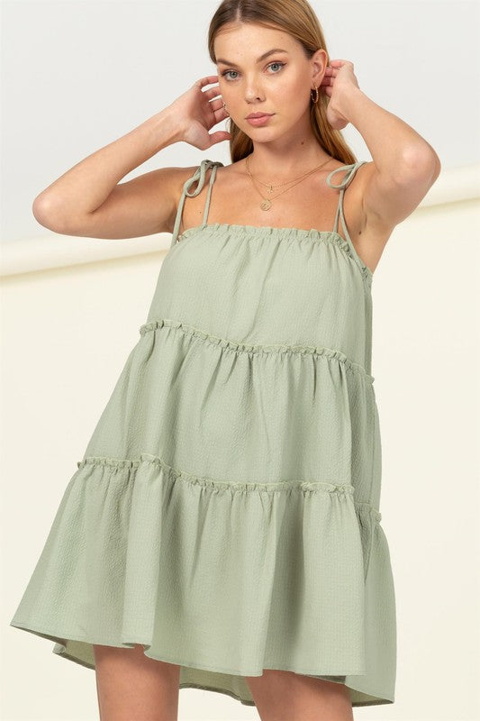 Better Days Tie-Strap Tiered Mini Dress SAGE L Babydoll Dresses