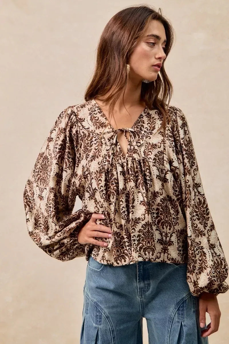 BiBi Printed Woven Front Tied Blouse with Baloon Sleeve - DAVERRI FASHIONS