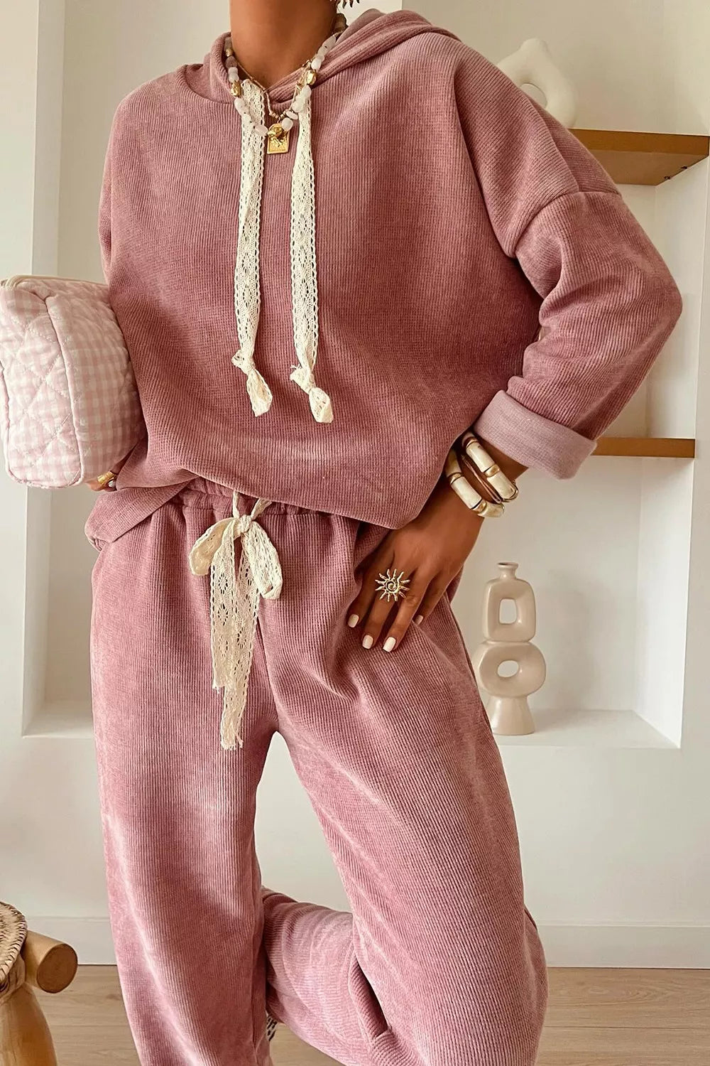 Dusty Pink Lace Detail Dropped Shoulder Hoodie and Pants Set | Loungewear Daverri Fashions