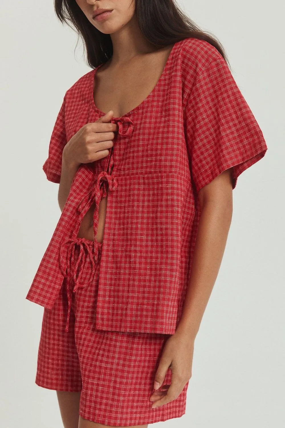 Plaid Tied Scoop Neck Short Sleeve Top and Drawstring Shorts Set | Outfit Sets Daverri Fashions
