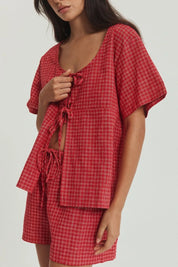 Plaid Tied Scoop Neck Short Sleeve Top and Drawstring Shorts Set | Outfit Sets Daverri Fashions