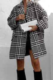 Houndstooth collared neck long sleeve wool coat with pockets